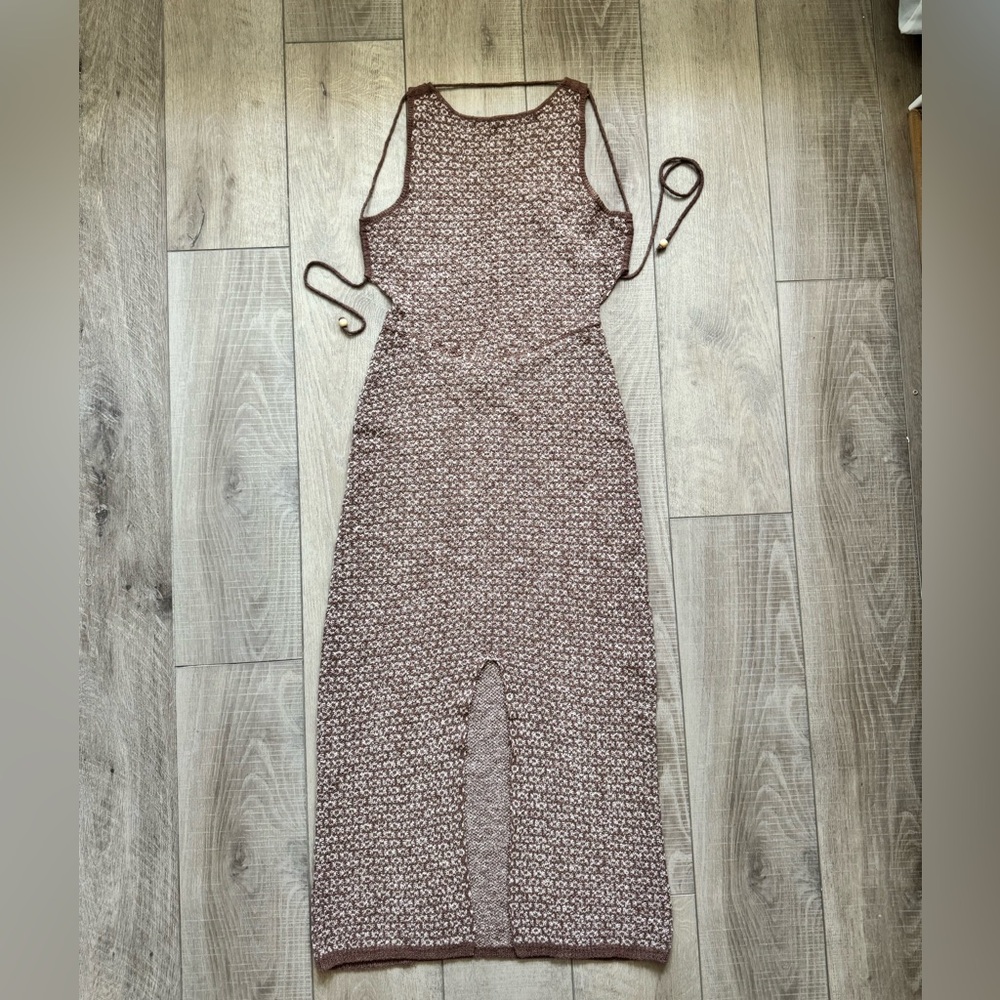 Free People Beach Knit Brown Maxi Dress Backless Slit Boho Coverup Summer Sz M